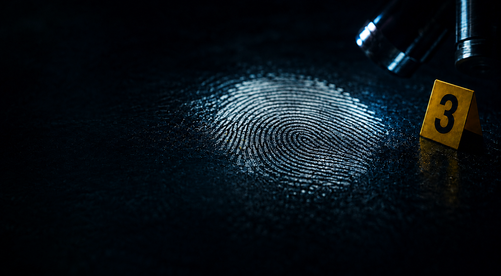 Macro fingerprint illuminated under forensic examination lighting with evidence marker three